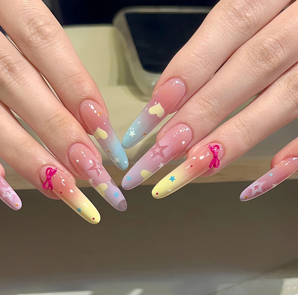 5D Embossed Nail Art Stickers Full Tips Candy Color Hollow Stars Love Hearts Bowknots Nails Decals Decorations For Manicures