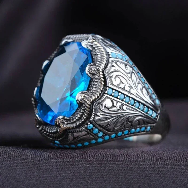 2022 new inlaid sea blue emerald men\'s ring Turkey retro domineering personality ring to attend the banquet high-quality jewelry
