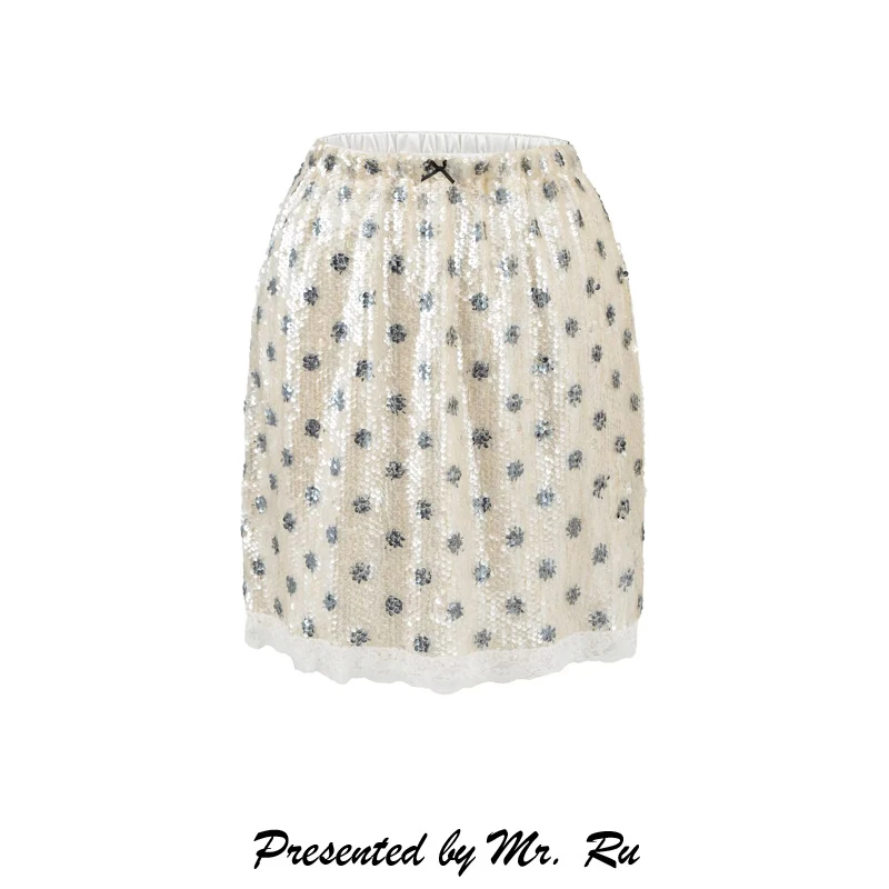 Shiny Sequin Polka Dot Heavy Work High Waist Half-length Skirt Women's Versatile Commute A-line Skirt Lace  Design Sensation