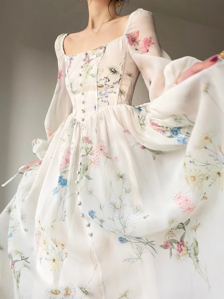 Vestido largo de fiesta de noche de Vinatge francés para mujer, vestido de princesa Floral de línea a, manga de linterna, primavera y verano, bata