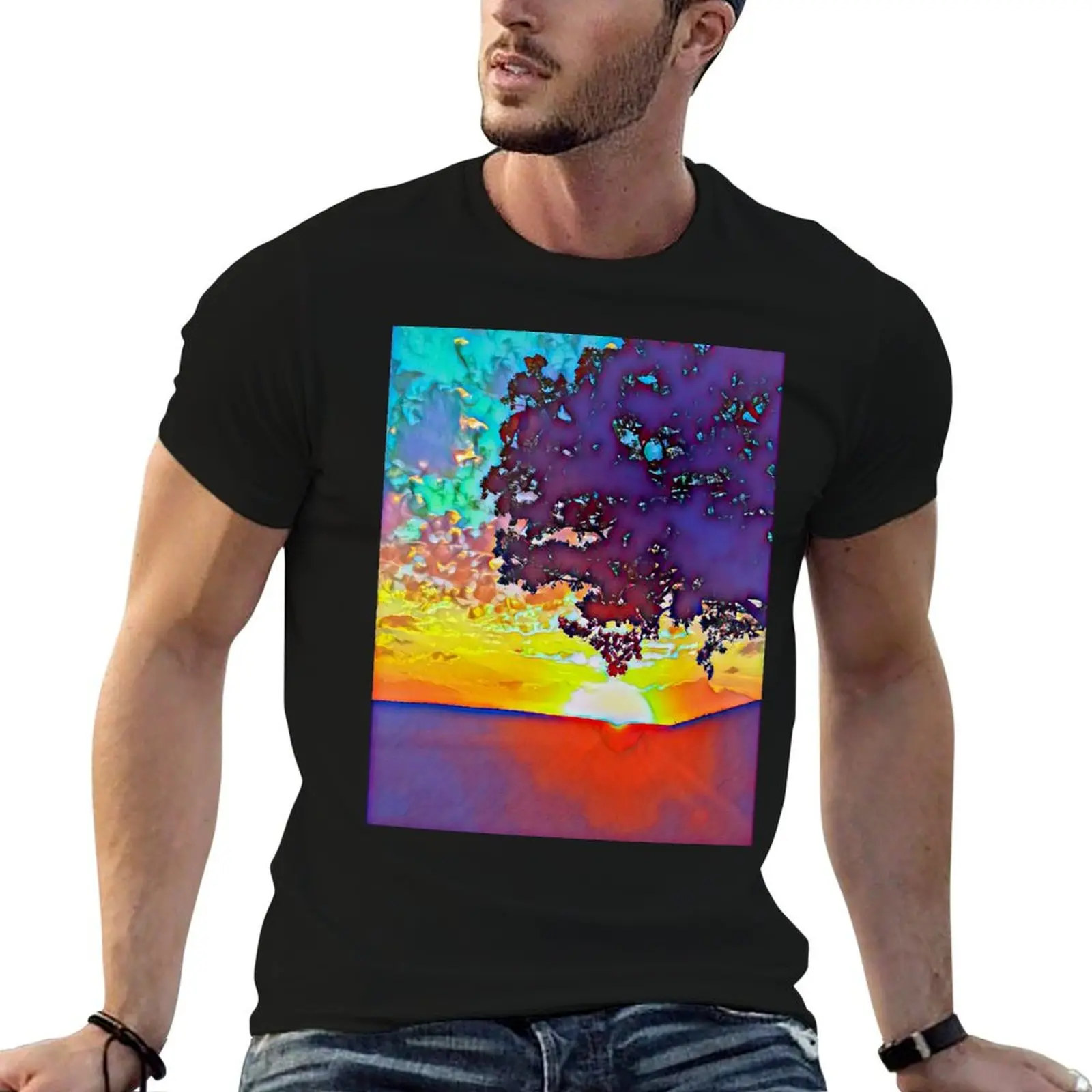Sunset at the Oak Grove T-Shirt Stretch Fabric Comfort T-Shirt