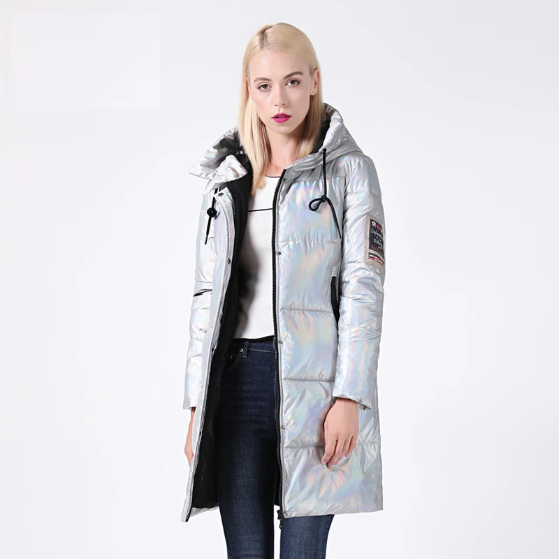 2022 New Winter Jacket Women Silver Holographic Glitter Quilted Long Women\'s Winter Coat Hooded Thick Down Jacket Parka