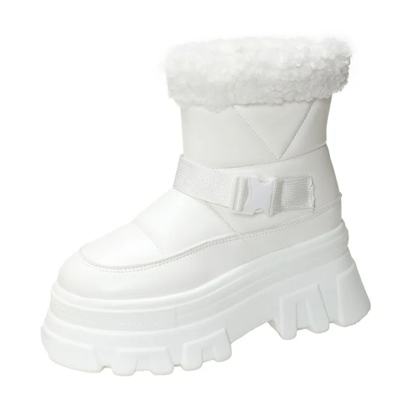 

Зимние женские меховые зимние ботинки, сохраняющие тепло, массивные короткие ботинки, уличная плюшевая обувь до середины икры, противоскользящие кожаные кроссовки на платформе 8 см