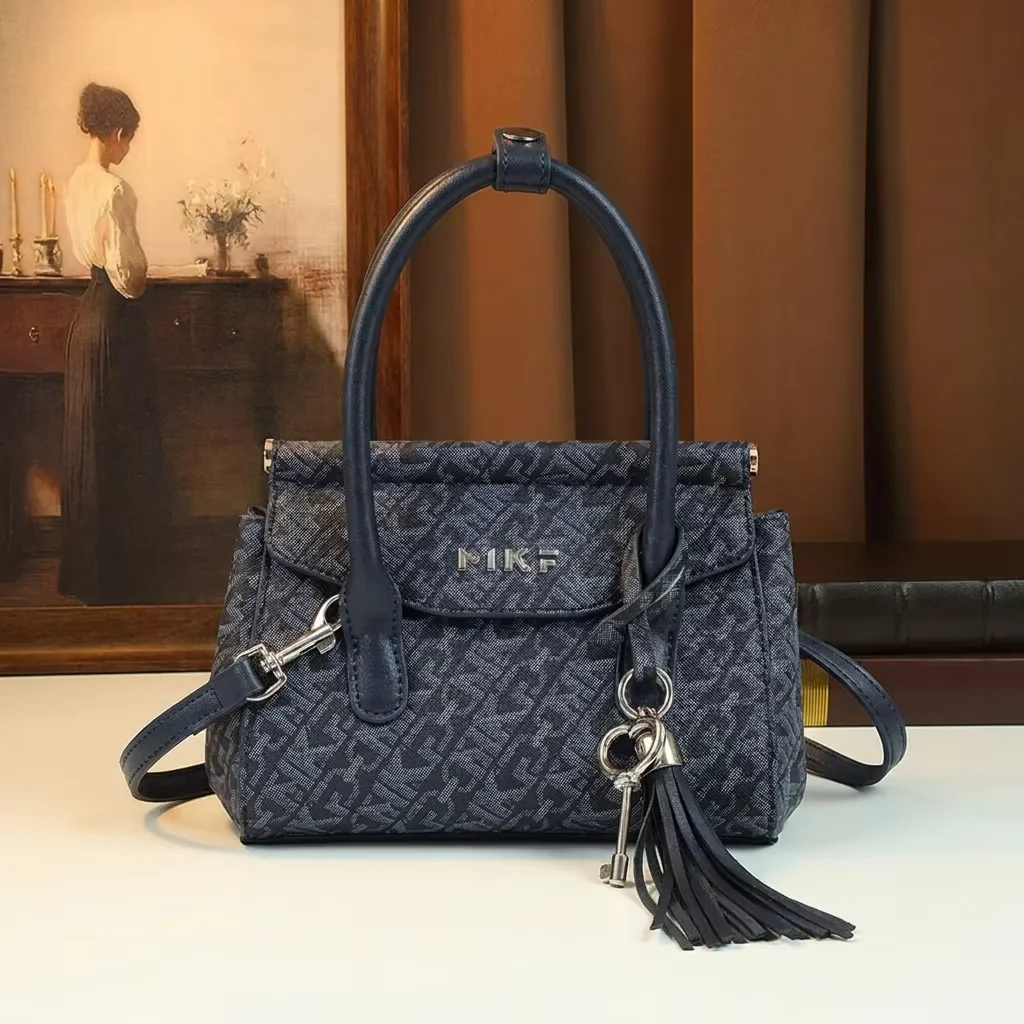 Vintage Monogram Flap Satchel for Women, Navy Blue Handbag with Key Tassel Pendant, Trendy Top Handle Crossbody Shoulder Bag