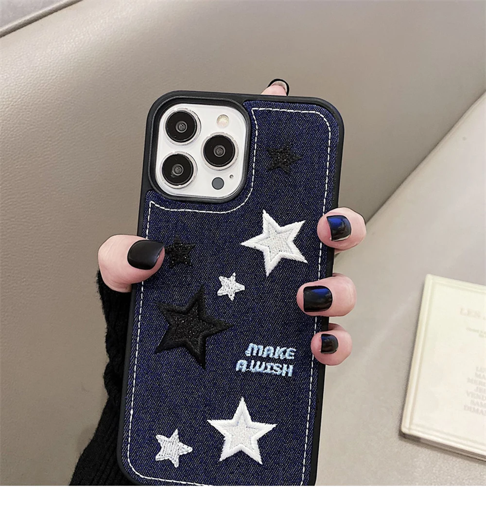 Cute Denim Fabric Embroidery Flower Winter Warm Phone Case For iPhone 15 14 13 12 11 Pro Max XS XR X Silicone Cover Protector