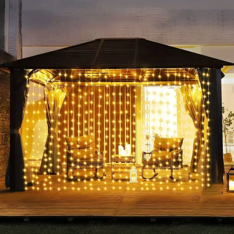 Imagem -02 - Solar Curtain Led String Lights Iluminação Exterior do Feriado Decoração da Guirlanda Natal Jardim Pavilhão Festa de Casamento Luz de Fadas 6m 3m