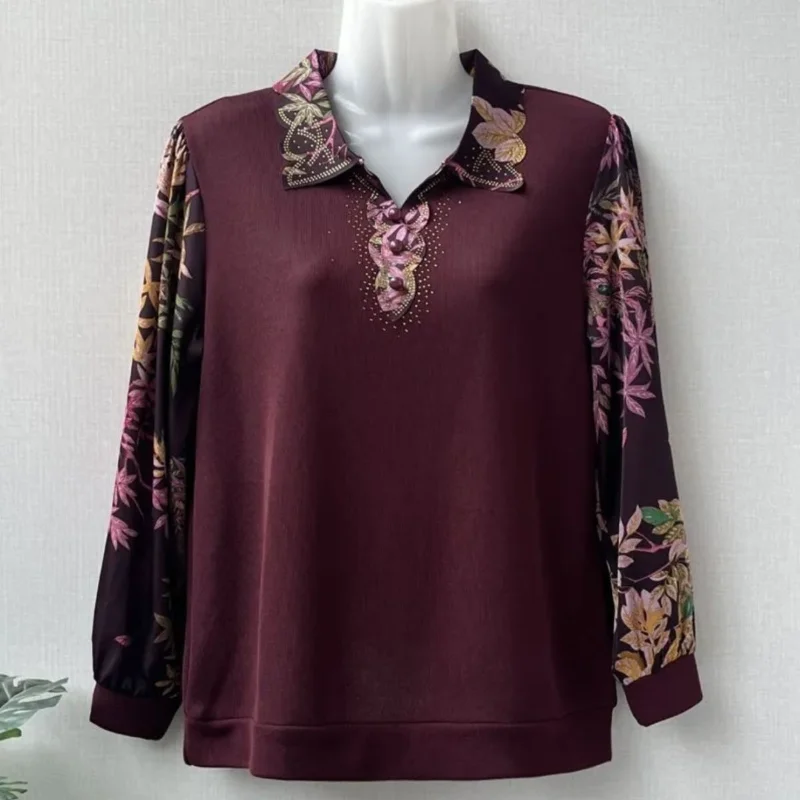 

New Spring Lapel Tops for Middle-aged Elderly People Splicing Fashionable Loose Long-sleeved T-shirt Base