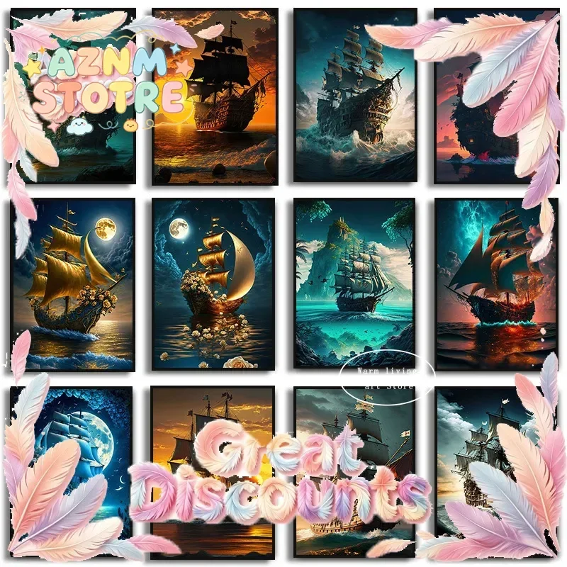 Black Pirate Ship Canvas Painting Vintage Sailing Ship Sea Storm Skull  Seascape Boat Moon Poster Print Wall Art Room Home De