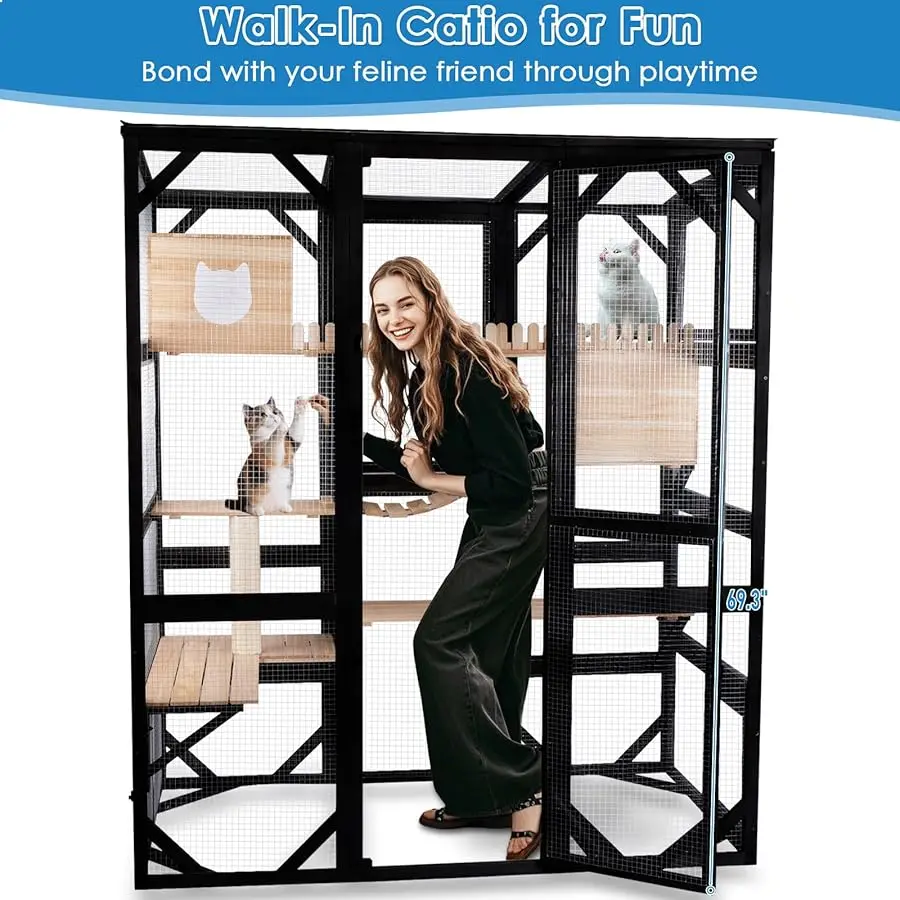 

Large Catio Outdoor Cat Enclosure Window 73" H Walk-in Cat House Kitty Cage for Multiple Indoor Outdoor Cats Outside Patio with