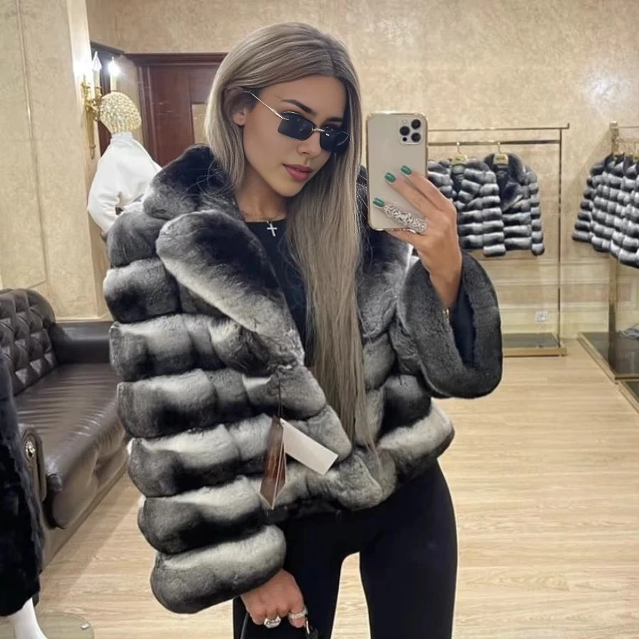 Women's Natural Fur Coat Short Winter Coats Ladies Long Chinchilla Jacket Real Rex Rabbit Fur Luxury Brand Contrast