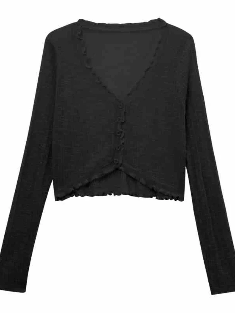 レーストリム 1 ボタン長袖クロップトップ半袖オープンフロントリブニットカーディガン女性 2025 セーター夏フェアリーコア