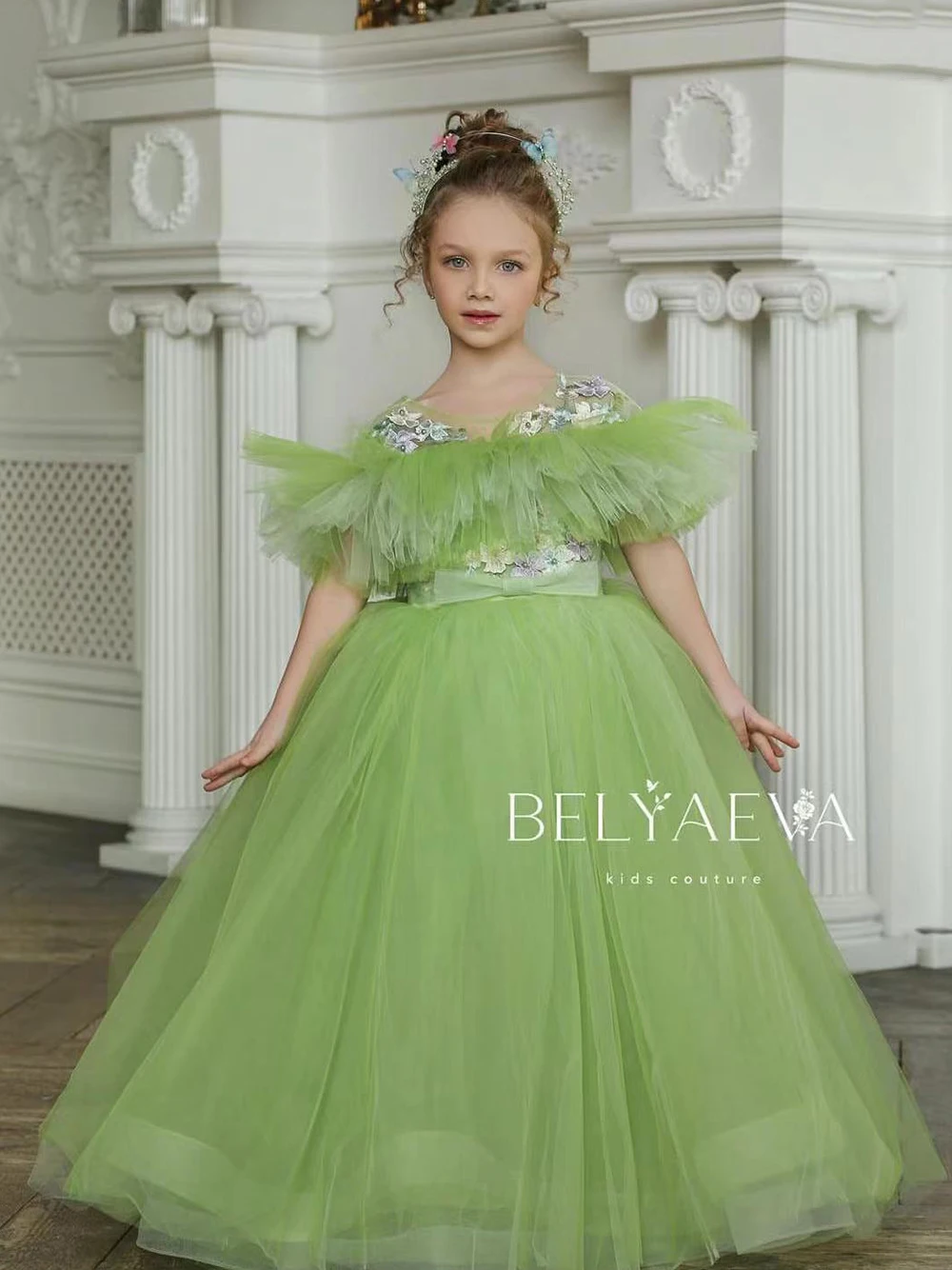 Green Tulle Applique Puffy Flower Girl Dress With Bow For Wedding Princess Kids First Communion  Ball Gown Birthday Dress