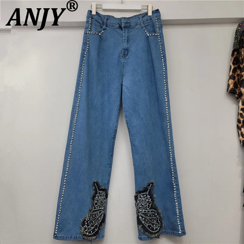 

ANJY Autumn Winter New Women Trend Studded Diamond Washed Patchwork Butterfly Jeans Stretch Elegant Versatile Denim Pants A15672