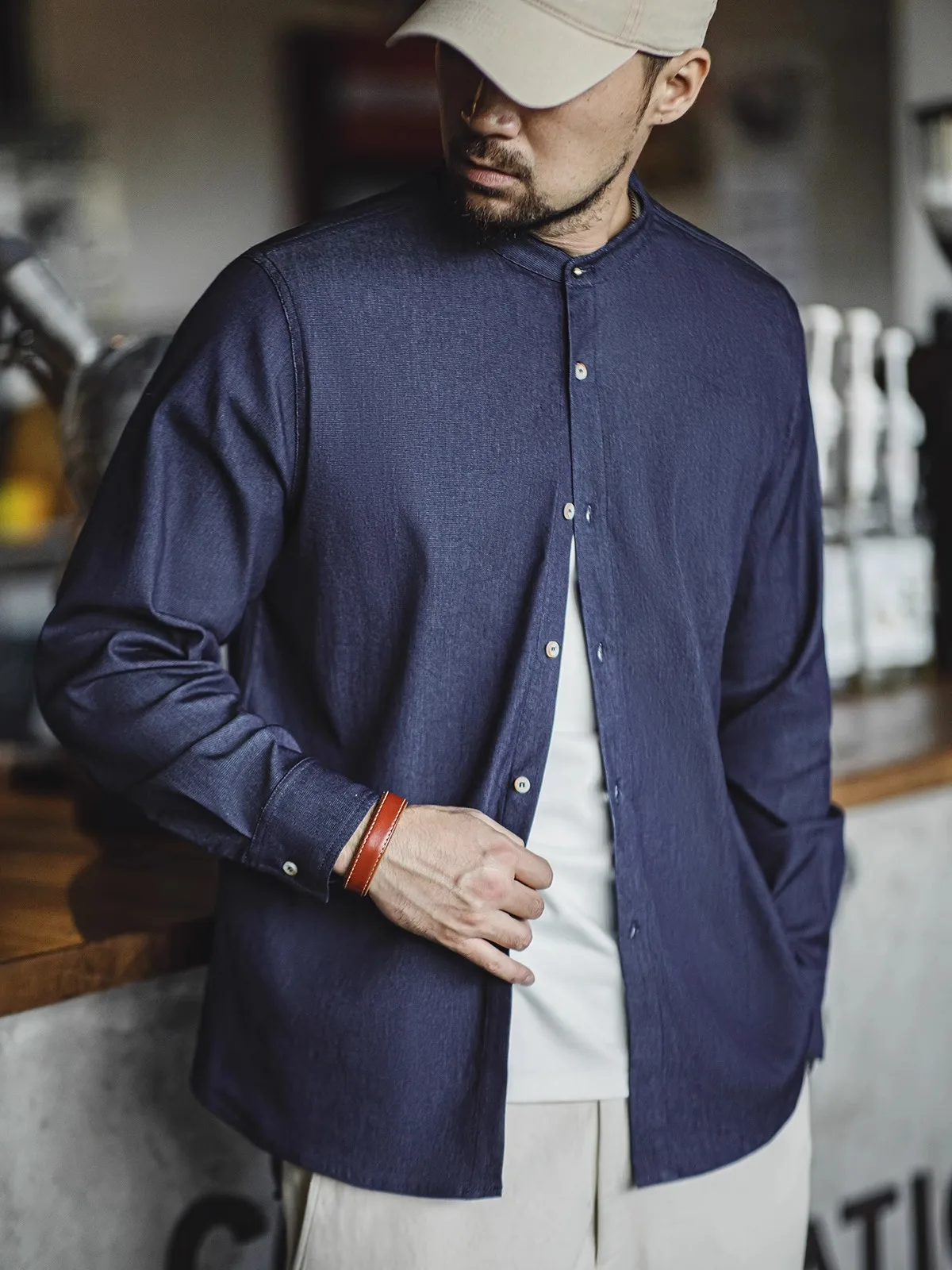 

Maden American Retro Cool Feeling Ice Silk Denim Casual Long Sleeve round Neck Men's Shirt Jacket Autumn Washed Cotton Nylon