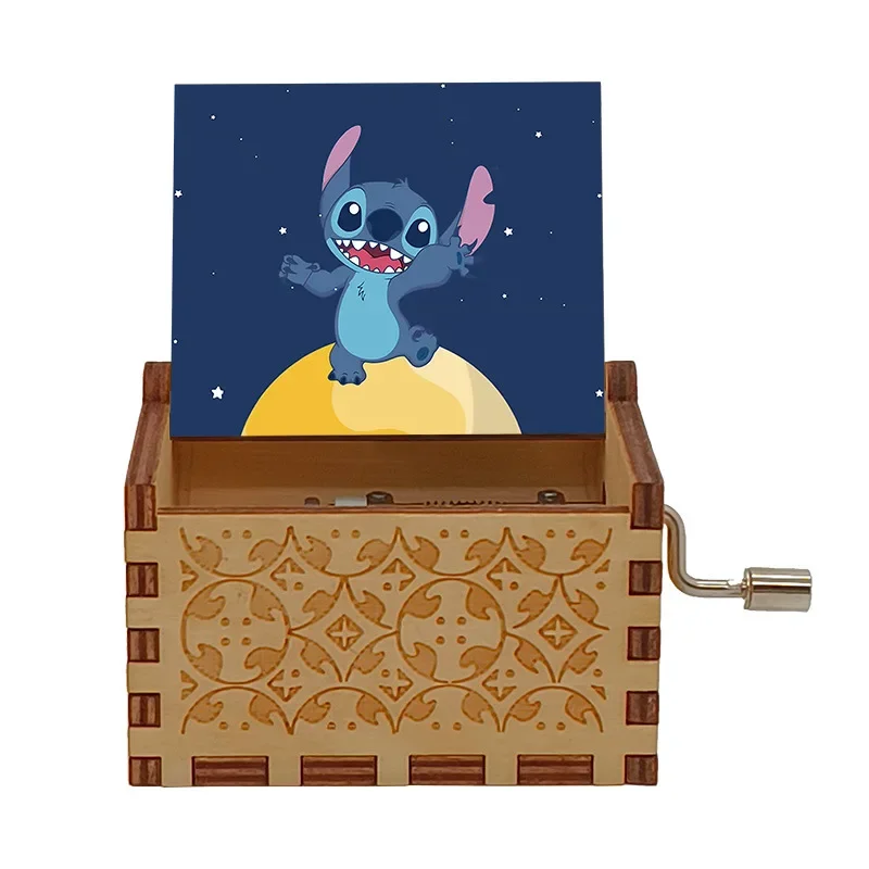 Disney Kawaii Stitch Music Box UV Painting Laser Engraving Wood Hand Crank Music Boxes Tabletop Ornament Kids Toys Birthday Gift