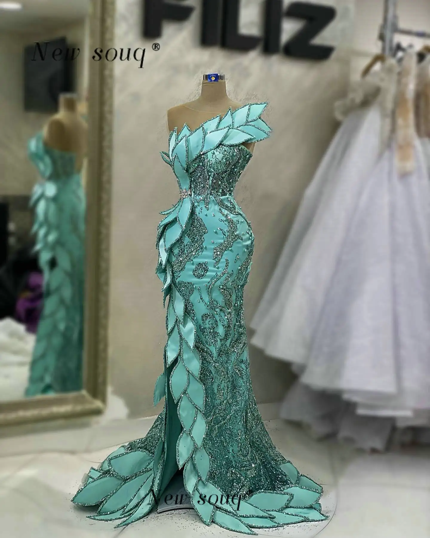 African Aso Ebi Aqua Green Long Mermaid Evening Dresses Features 3D Leaf Design Pearls Beaded Prom Gowns Arabic Vestidos Formal