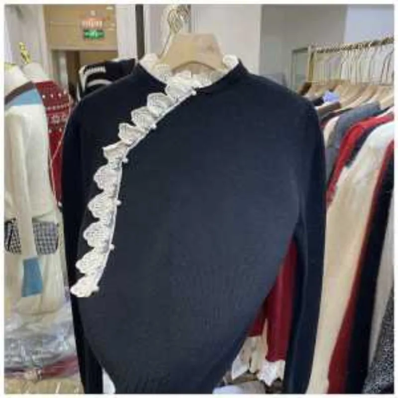 Spring New Style Lace Stand-up Collar Sweater Korean Style Sweet Pearl Button Slim Bottoming Top for Women