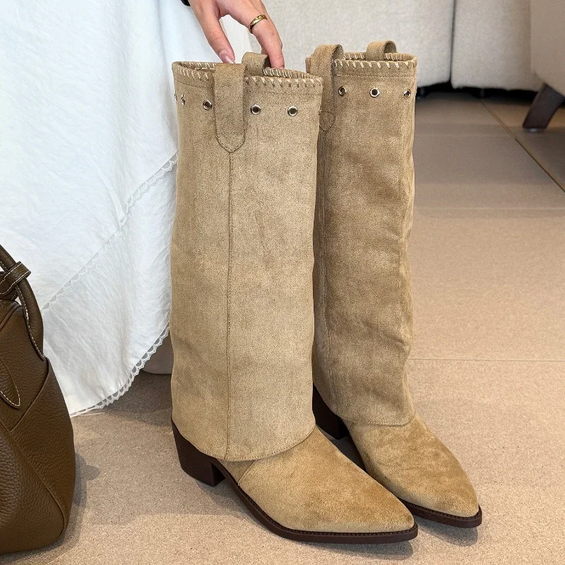 

Fashion Vintage Thick Heel Women Western Cowboy Boots Button Combination Splicing Shoes Autumn Winter Ladies Pipe Long Booties