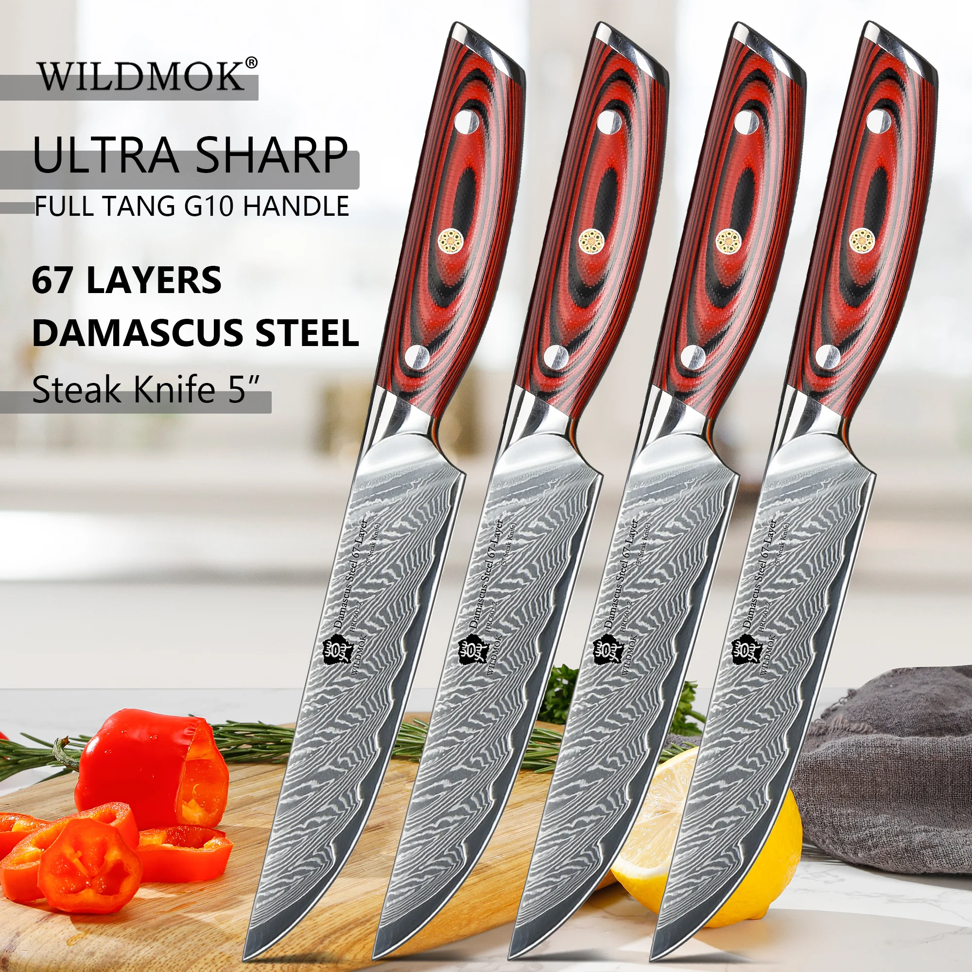 

WILDMOK Damascus VG10 Steel 4 Pcs Steak Knife Set, Damascus Multifunctional Kitchen Utility Knives with Full Tang G10 Handle