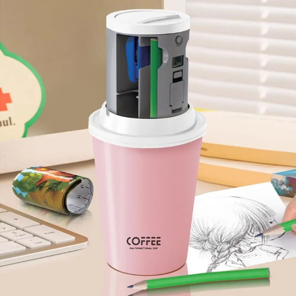 

7 in 1 Children's Stationery Set Coffee Cup Shape Portable Learning Storage Cup Pencil Sharpener Stapler