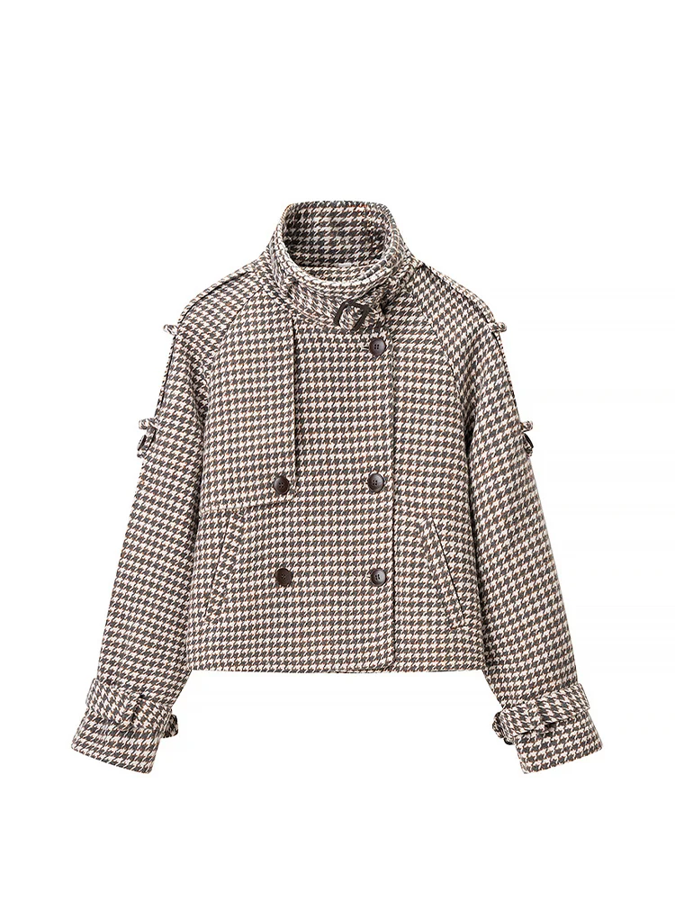 

European-style new women's fashionable and versatile double-breasted long-sleeved plaid wool coat.