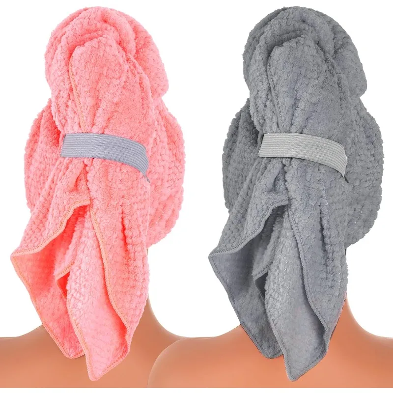 2 Pack Microfibre Hair Turban Towels 39.37x21.65in, Quick Dry Super Absorbent, for Women Girl Long Curly Wet Hair (Pink/Grey)