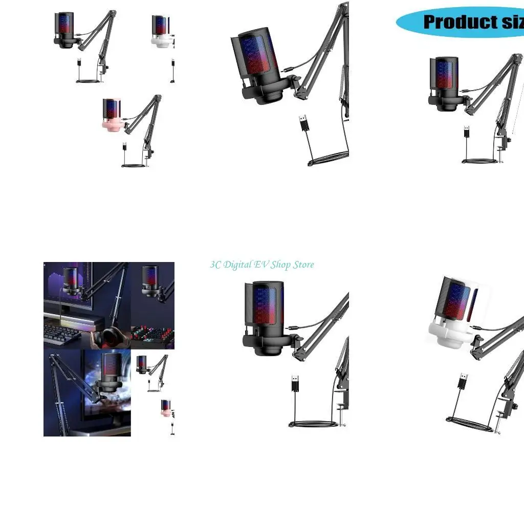 

E74D Профессиональный игровой микрофон Настольный USB-зажим для микрофона со съемным металлическим амортизатором и светодиодными