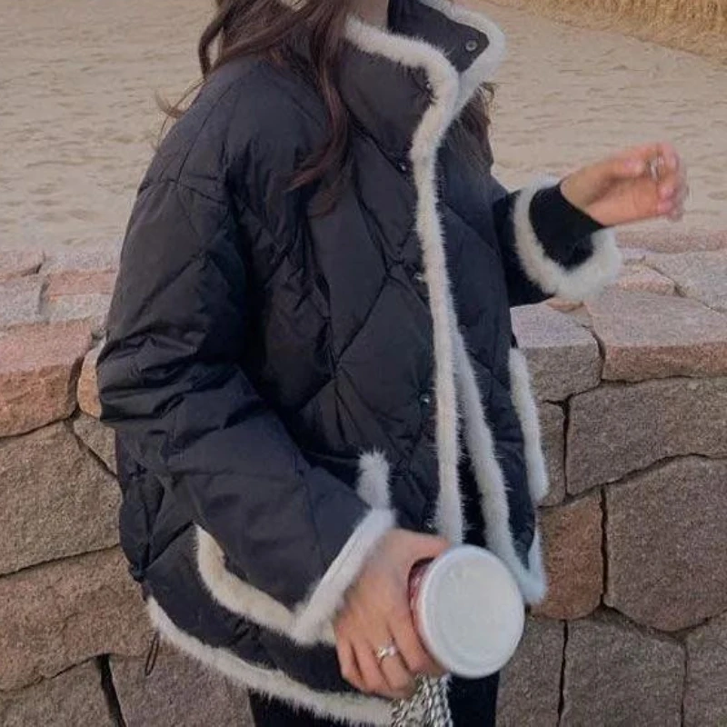 Stand-up Collar Splicing Mink Hair Cotton Clothes Women's Short Models 2025 New Winter Thickened Loose Diamond Jacket