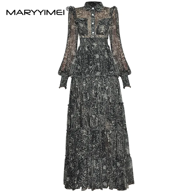 

MARYYIMEI Women's turn-down collar Elastic waist Bohemia Serpentine Print Maxi Party Dress Fashion Designer Spring Long Dress