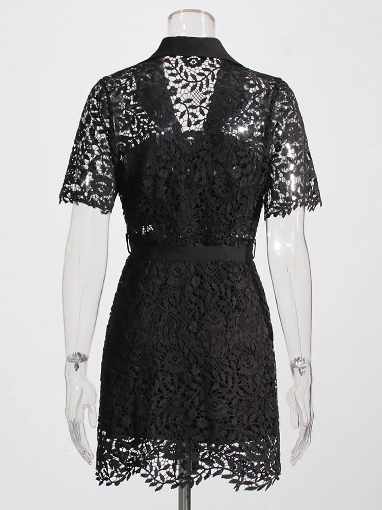 TWOTWINSTYLE Solid Spliced Bnutton Slimming Dresses For Women Lapel Short Sleeve High Waist Spliced Lace Up Dress Female Fashion