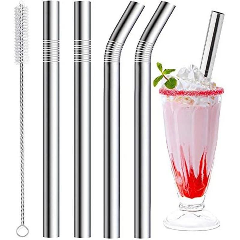 Stainless Steel Smoothie Straws, 0.4\'\' Extra Wide Reusable Metal Drinking Straws for Smoothie, Set of 4 with 1 Cleaning Brush