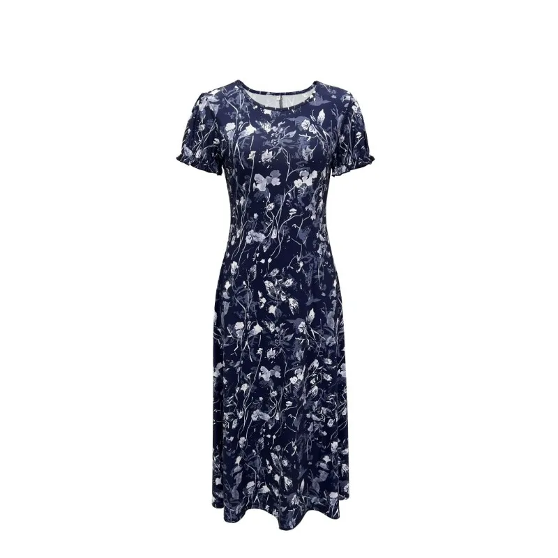 European and American New Summer Style Round Neck Pocket Short Sleeve Trendy Printed Long Dress Elegant and Graceful Dress