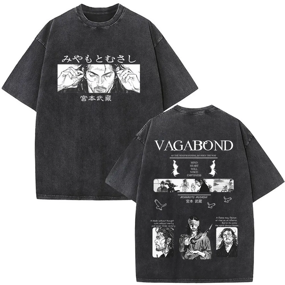 Janpanese Anime Vagabond Miyamoto Musashi Vintage Washed T-shirts Manga Men Women Clothing Fashion Casual Short Sleeve T Shirts