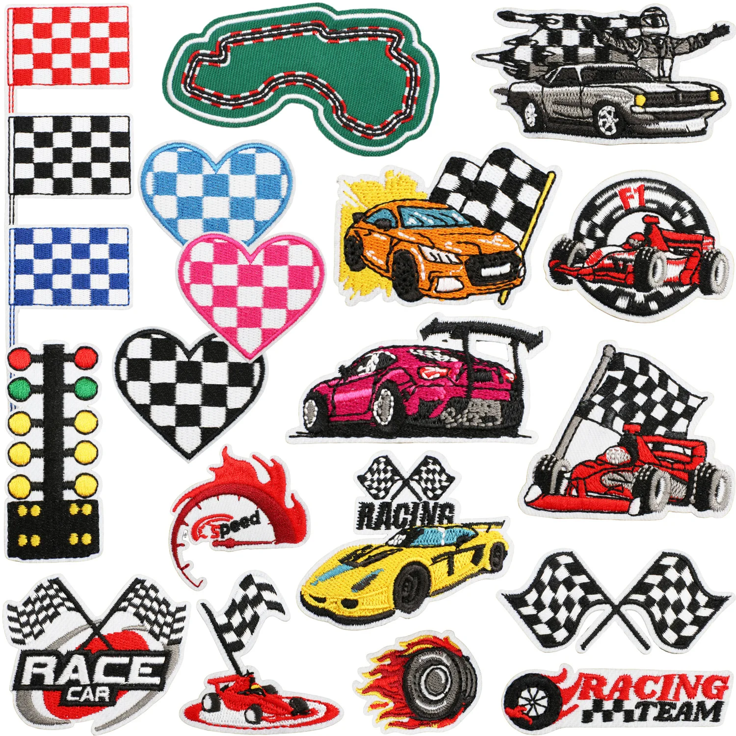 

F1 racing track embroidery fabric patch, racing grid flag decoration patch patch patch, signal light, sports car embroidery