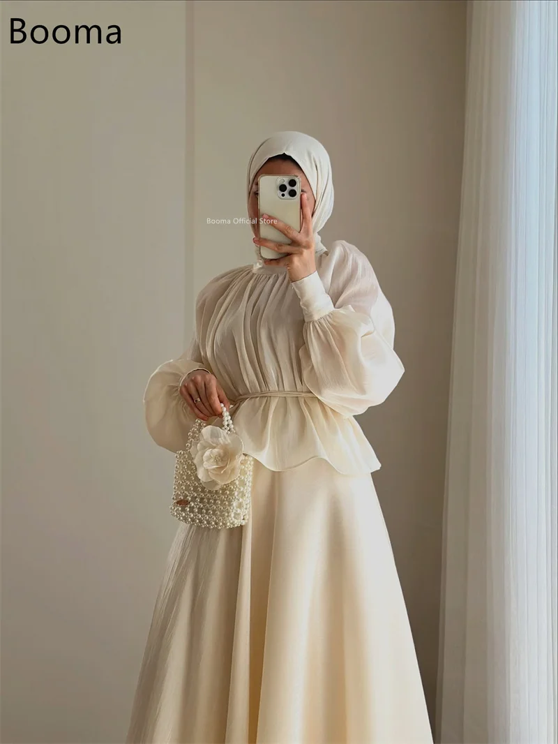 Booma a-line مطوي لامع رقبة دائرية زهرة المرأة حفلة موسيقية فساتين رسمية للنساء طويلة الأكمام فستان سهرة أنيق مخصص 2025