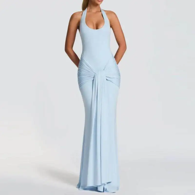 

2025 New Women's Fashion Long Strapless Dress Bodycon Neck Hanging Sash Splicing Design Business Wear mid Waist Three-acetate...