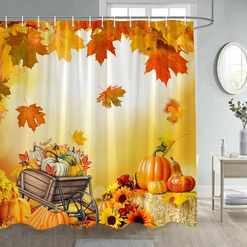 Fall Maple Leaves Shower Curtains Rustic Farm Sunflowers Pumpkins Haystacks Autumn Thanksgiving Fabric Bathroom Decor with Hooks