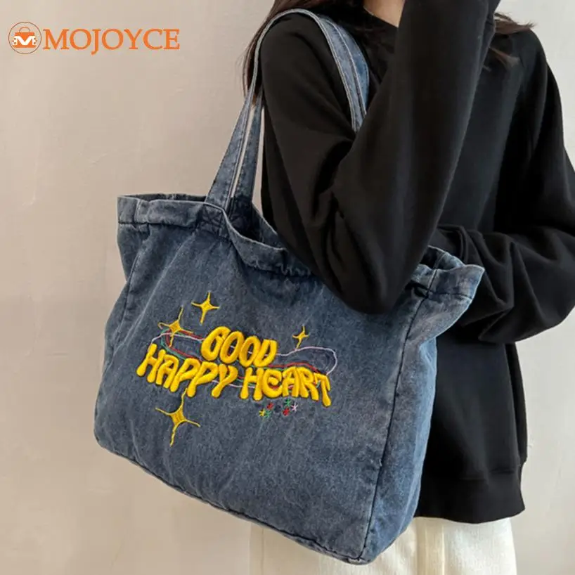 Women Shopping Tote Bag Large Capacity Denim Hippie Crossbody Bag Solid Embroidery Zipper Clutch Bag for Travel Dating Daily Use