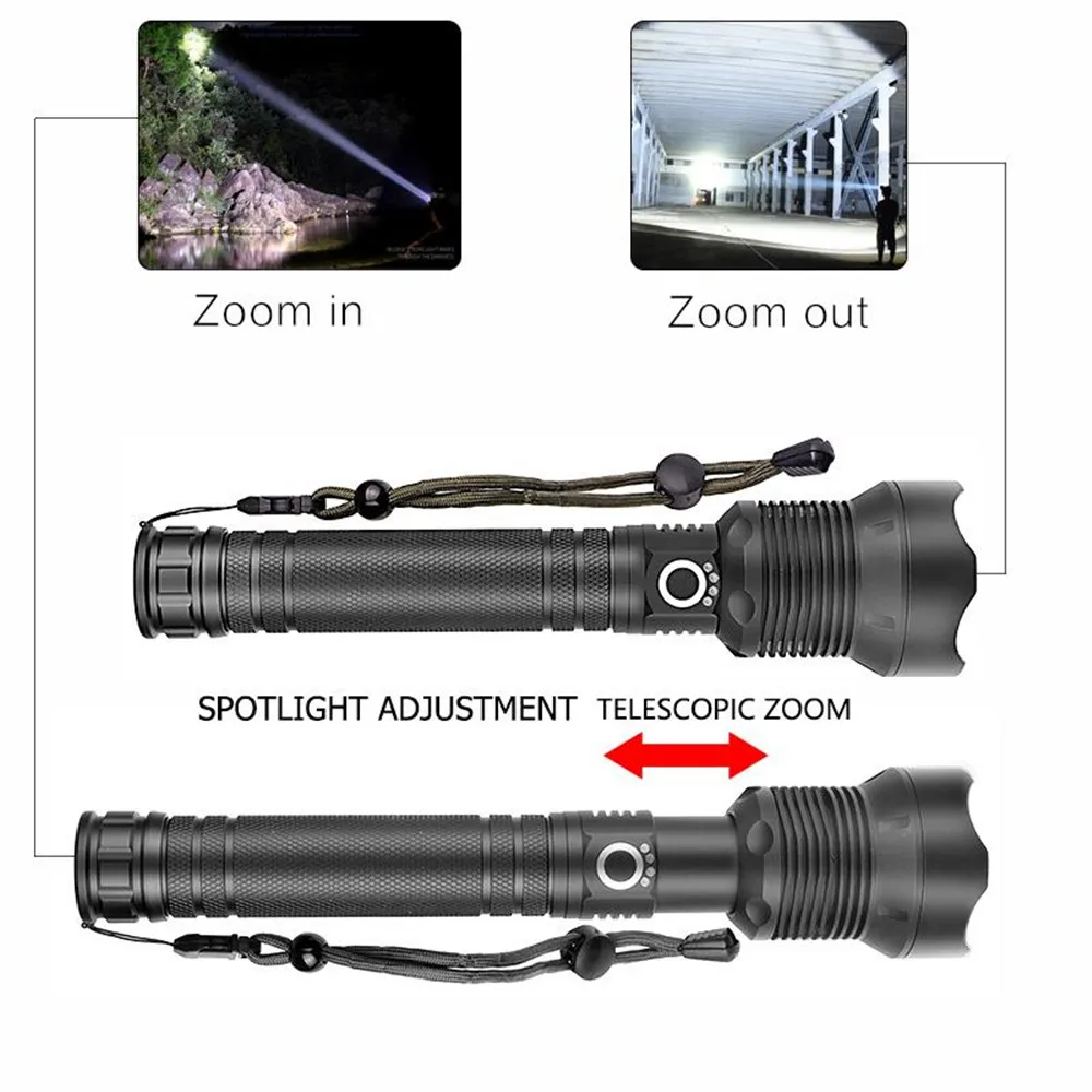 Imagem -02 - Lanterna Led Recarregável Super Brilhante Usb Poderoso Xhp70.2 Zoom Tocha Tática Xhp70 18650 ou 26650 Bateria Lâmpada de Acampamento