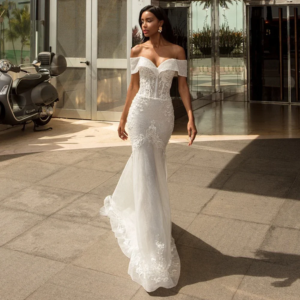 Flavinke Customized Mermaid Wedding Dresses V-Neck Off The Shoulder Short Sleeves Applique Sweep Train Bridal Marriage Gowns