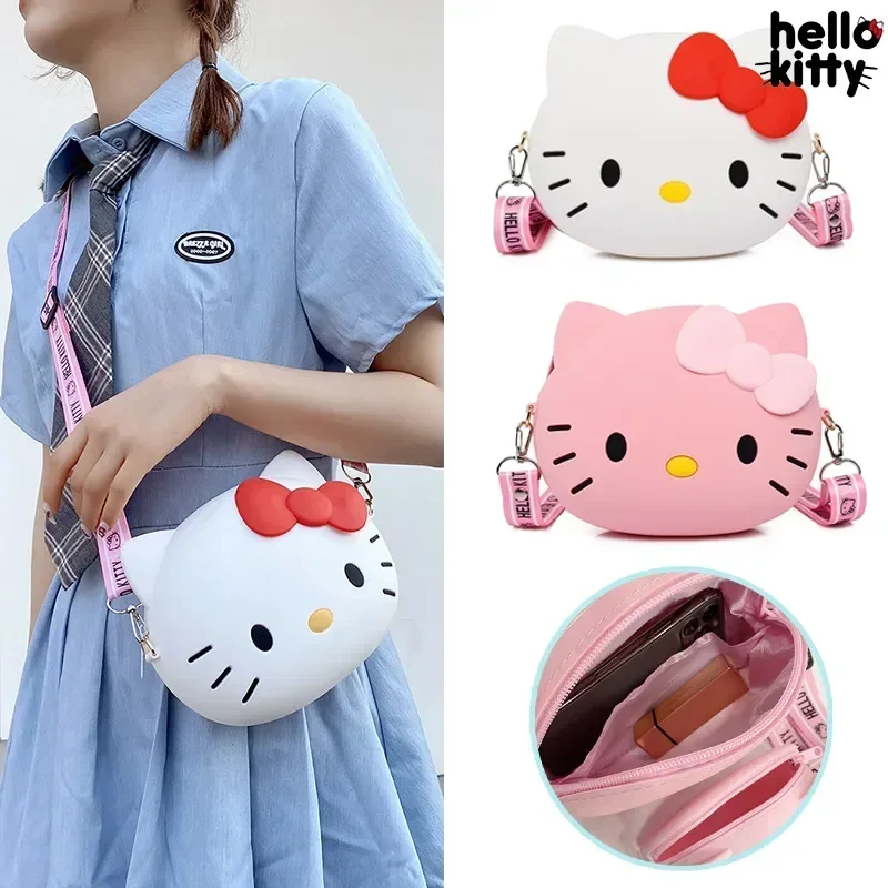 Mała różowa biała torebka Crossbody Hello Kitty dla dziewczynek śliczna kokardka Kawaii mała torba na ramię 3D Bolsas Para Mujeres