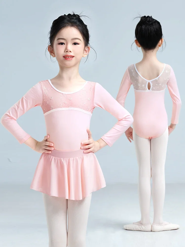 Body da balletto per ragazze Body da ginnastica per bambini Maniche solitarie Costume da ballo con giunture in morbida rete ricamata