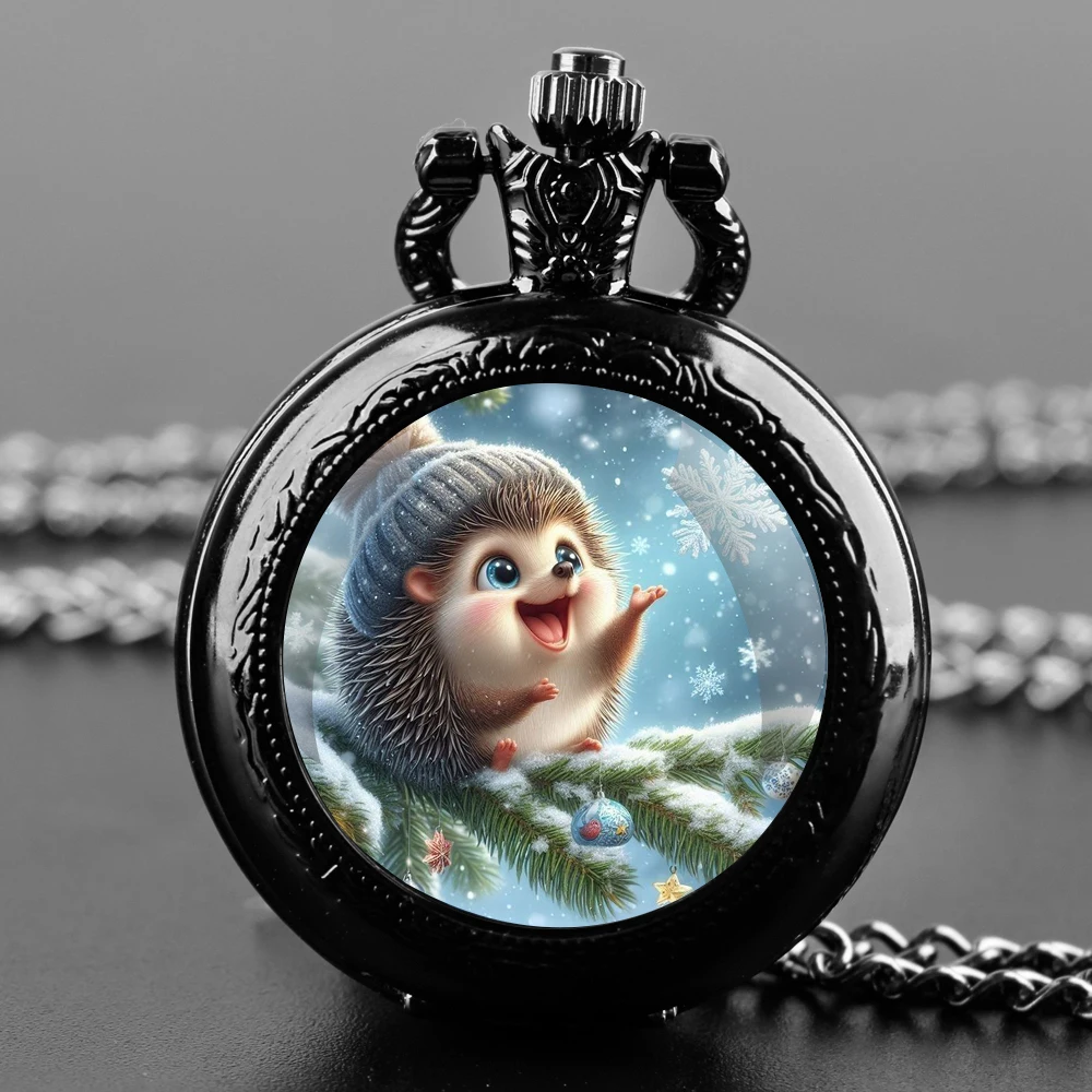 Little Hedgehog Glass Dome Quartz Pocket Watch With Durable Chain Arabic Numeral Dial Creative Gifts for Men Women Kids