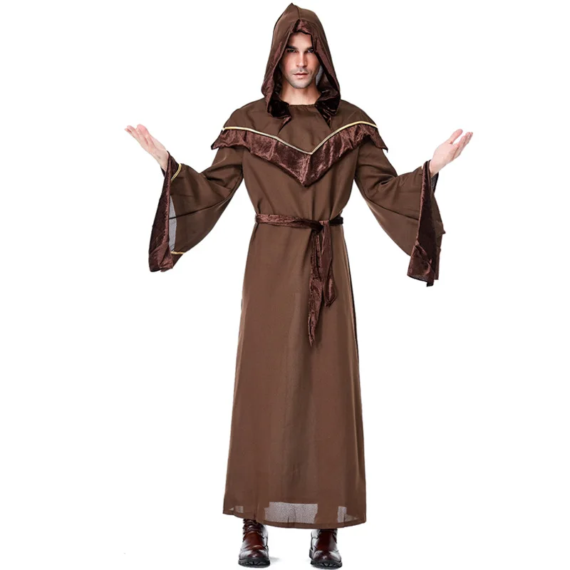 Adult Men Magic Witch Wizard Robe Gown Hooded Dress Belt Set Halloween Role Play Dress Up Cosplay Costume