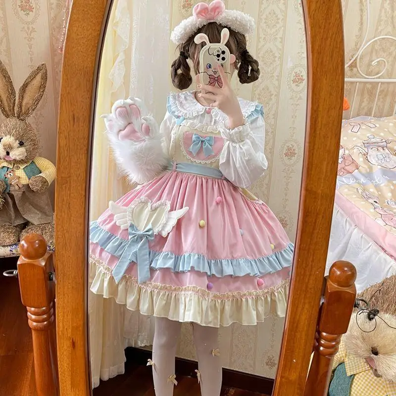 

Lotus Leaf Edge Bow Dress Long Sleeved Shirt Two-piece Set Christmas Role-playing Cosplay Lolita Dress Set
