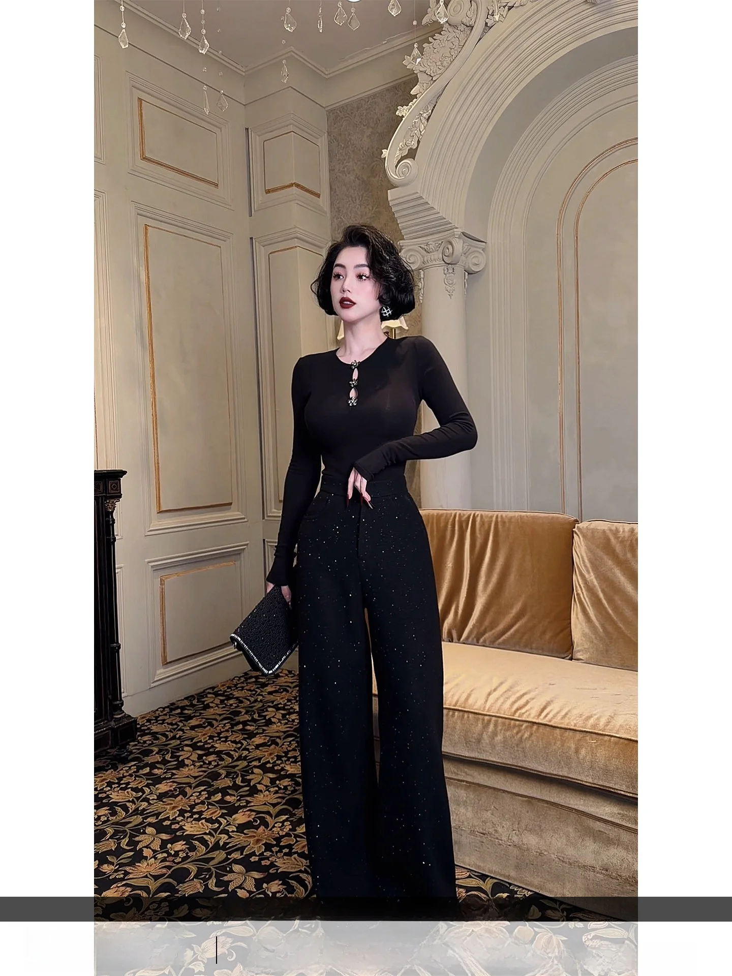 

LYXJ Новые зимние женские шерстяные брюки с широкими штанинами, с блестящими звездными пайетками, прямые, утягивающие, с высокой талией, на молнии