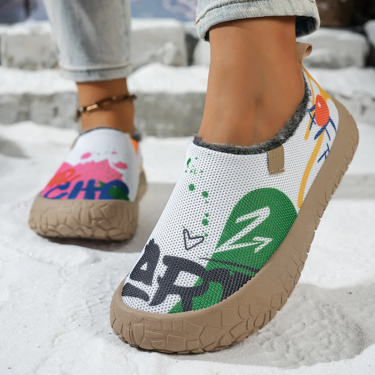 Damen Winter Slip-on Freizeitschuhe Graffiti-Obermaterial Fleece-gefüttert Rutschfeste Dicke Sohle Warme Outdoor-Wanderschuhe – Detail 5