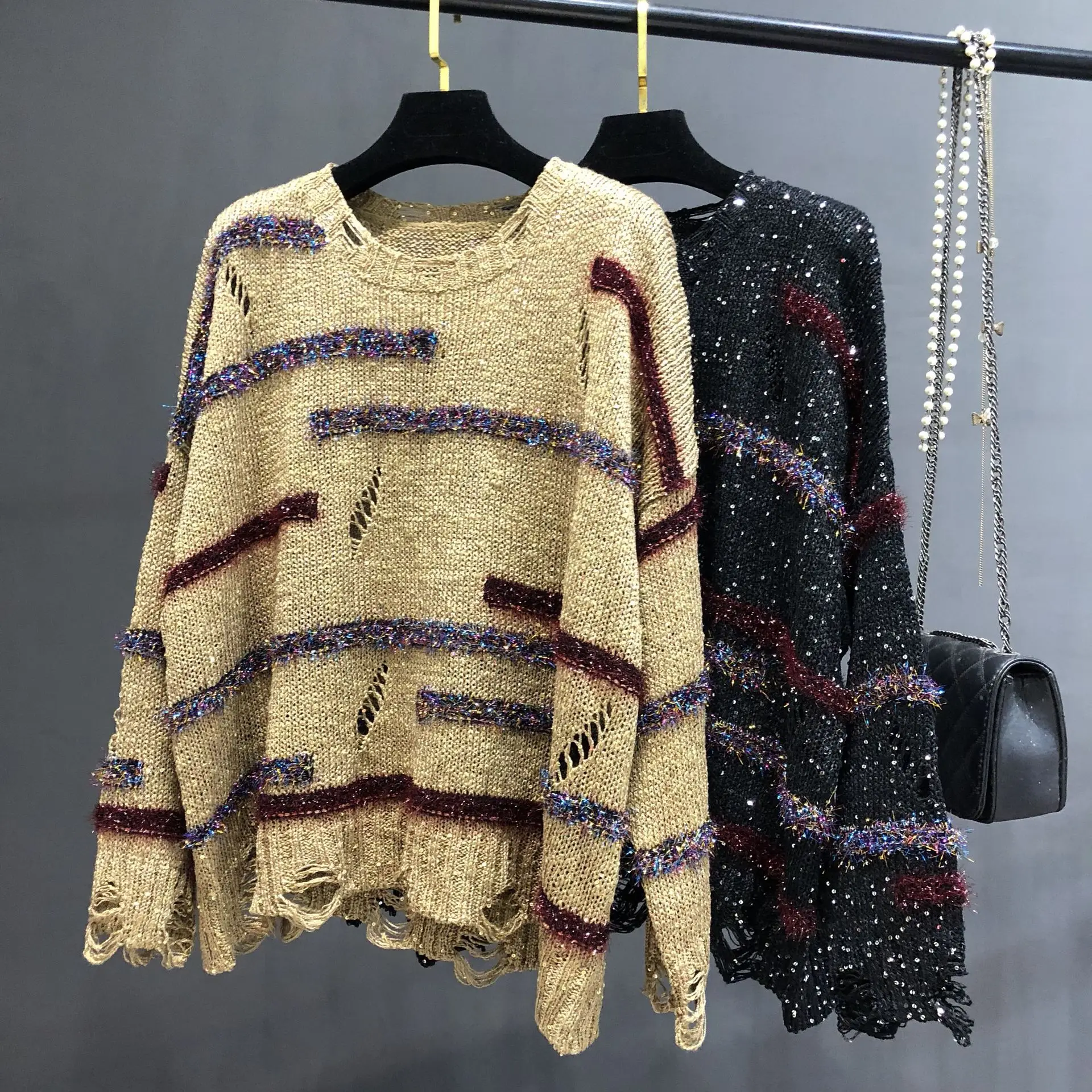 Spring Autumn New Loose Lazy Style Women Broken Hole Sparkling Knitted Sweater Bingbing Sparkling Silk Sweater Tops