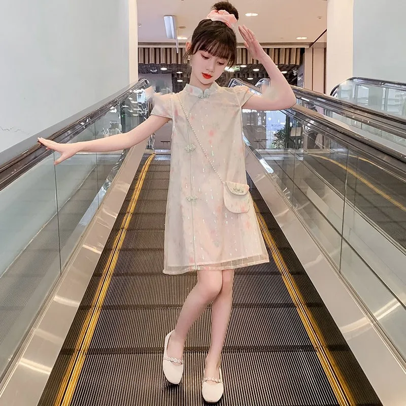 女の子の夏の通気性のあるチャイナドレス-2026-新しい子供用漢服ドレス子供中国風半袖袍ドレス-lj642