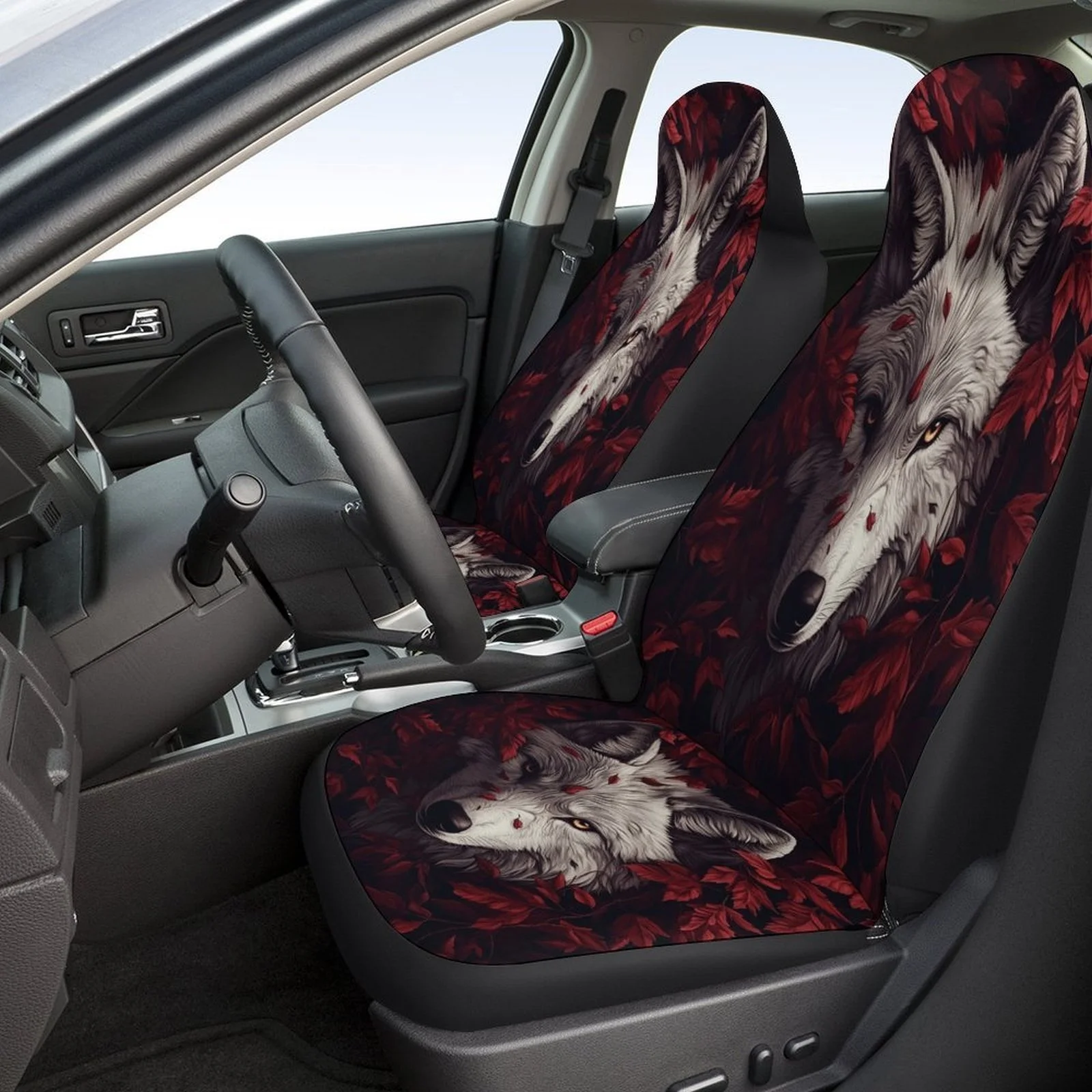 Wolf In Leaves Designed Car Seat Cover Set For Most Cars, Decorative High-quality Car Seat Protector Covers Full Set, Car Seat